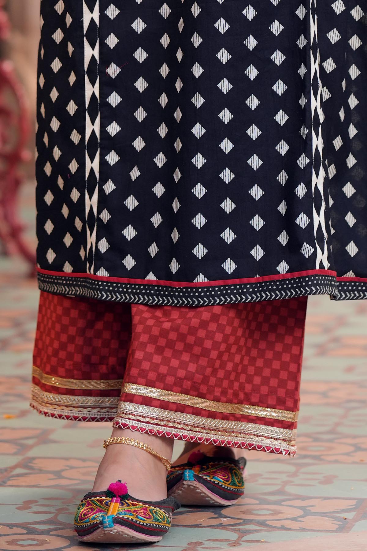 Red Printed Cotton Straight Pant
