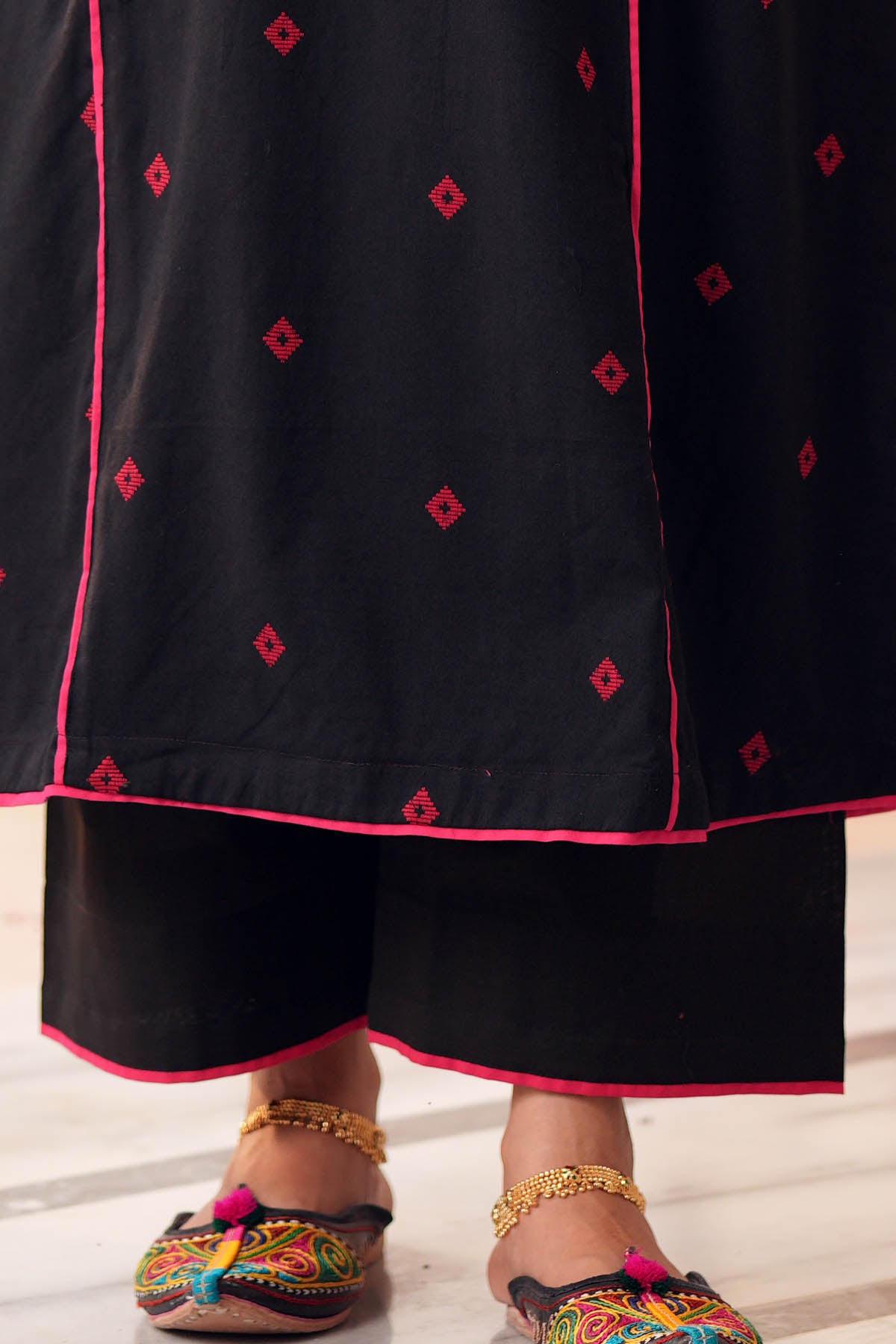 Black Cotton Pink Piped Straight Pant