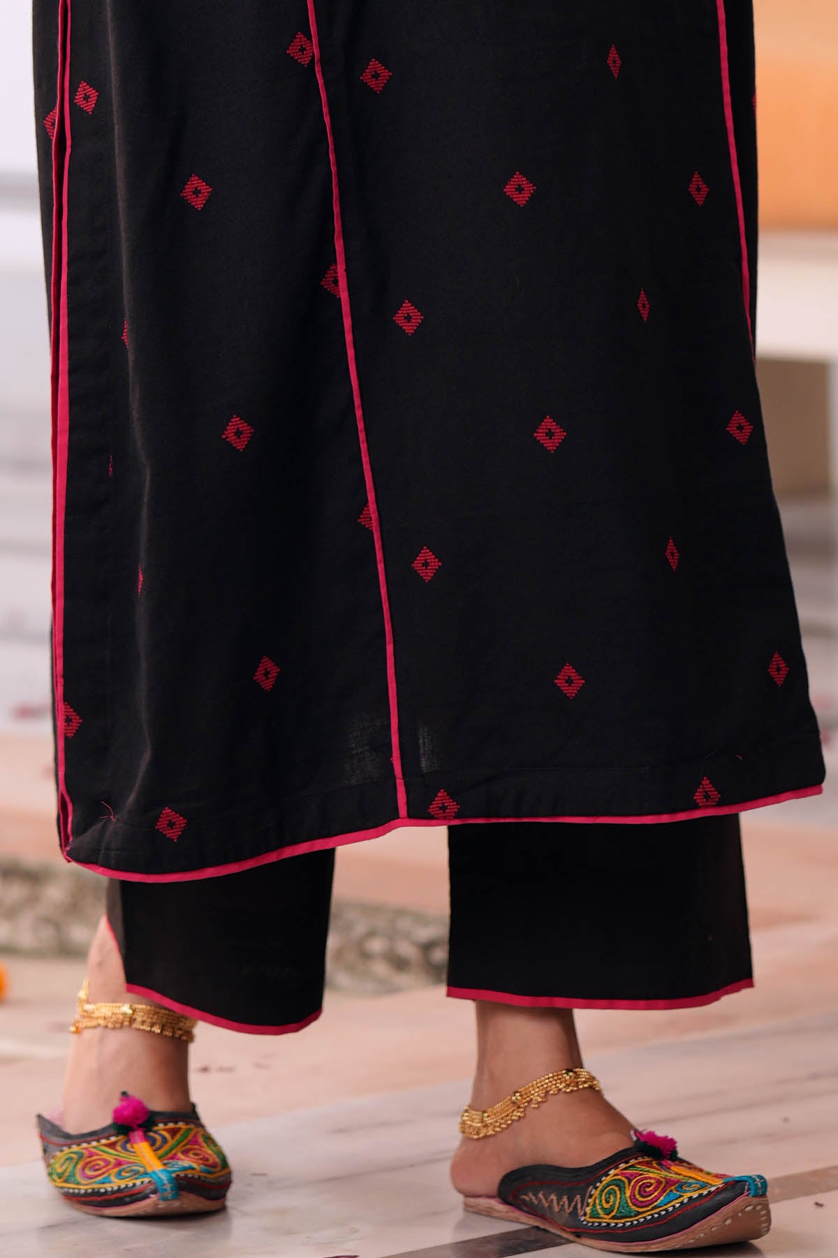 Black Cotton Pink Piped Straight Pant
