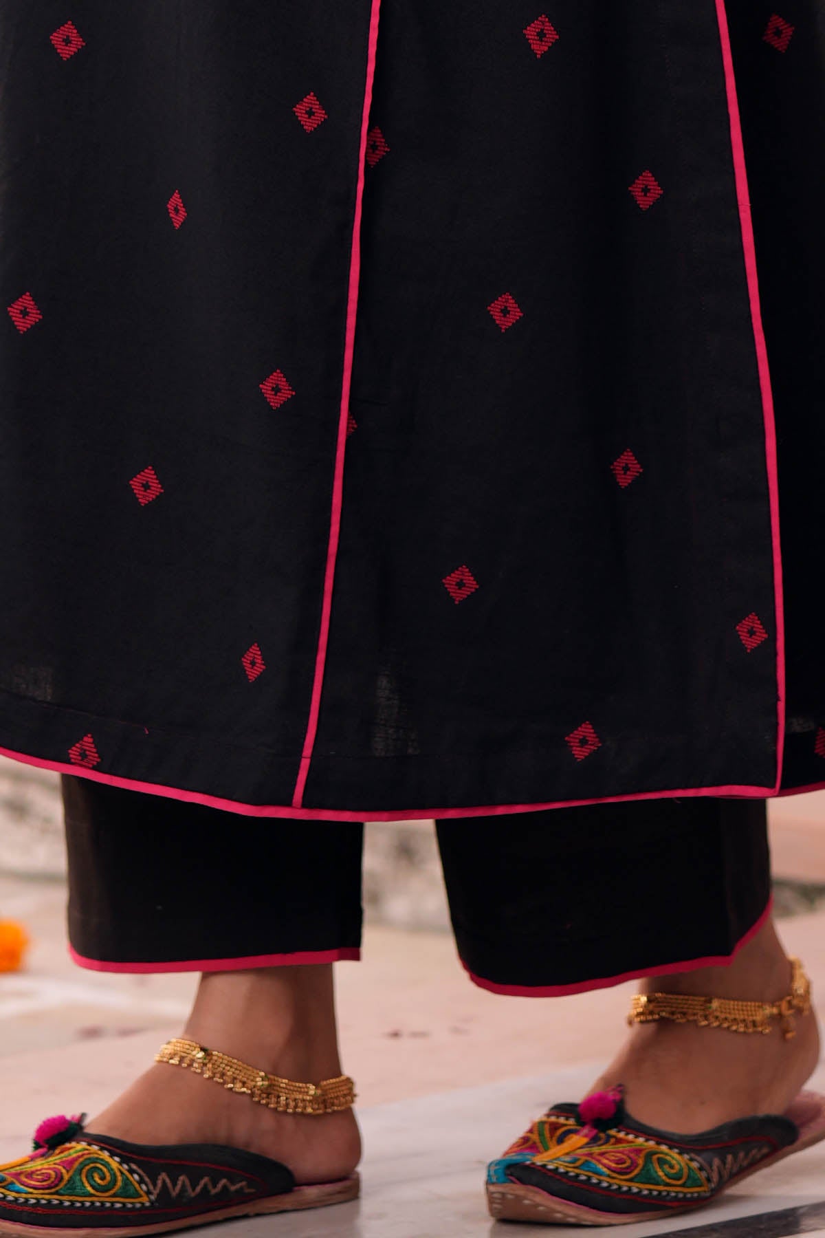 Black Cotton Pink Piped Straight Pant