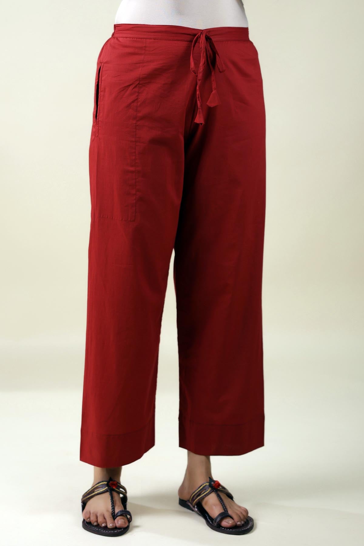 Maroon Straight-Fit Cotton Pant