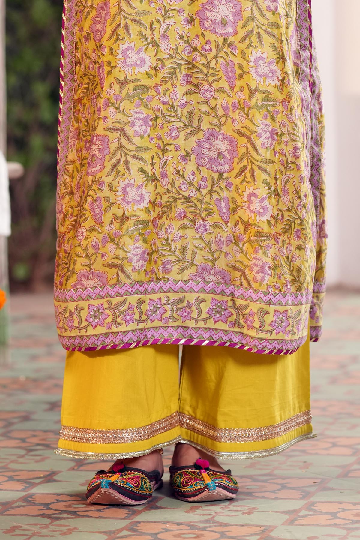 Lime Yellow Embroidered Cotton Pants