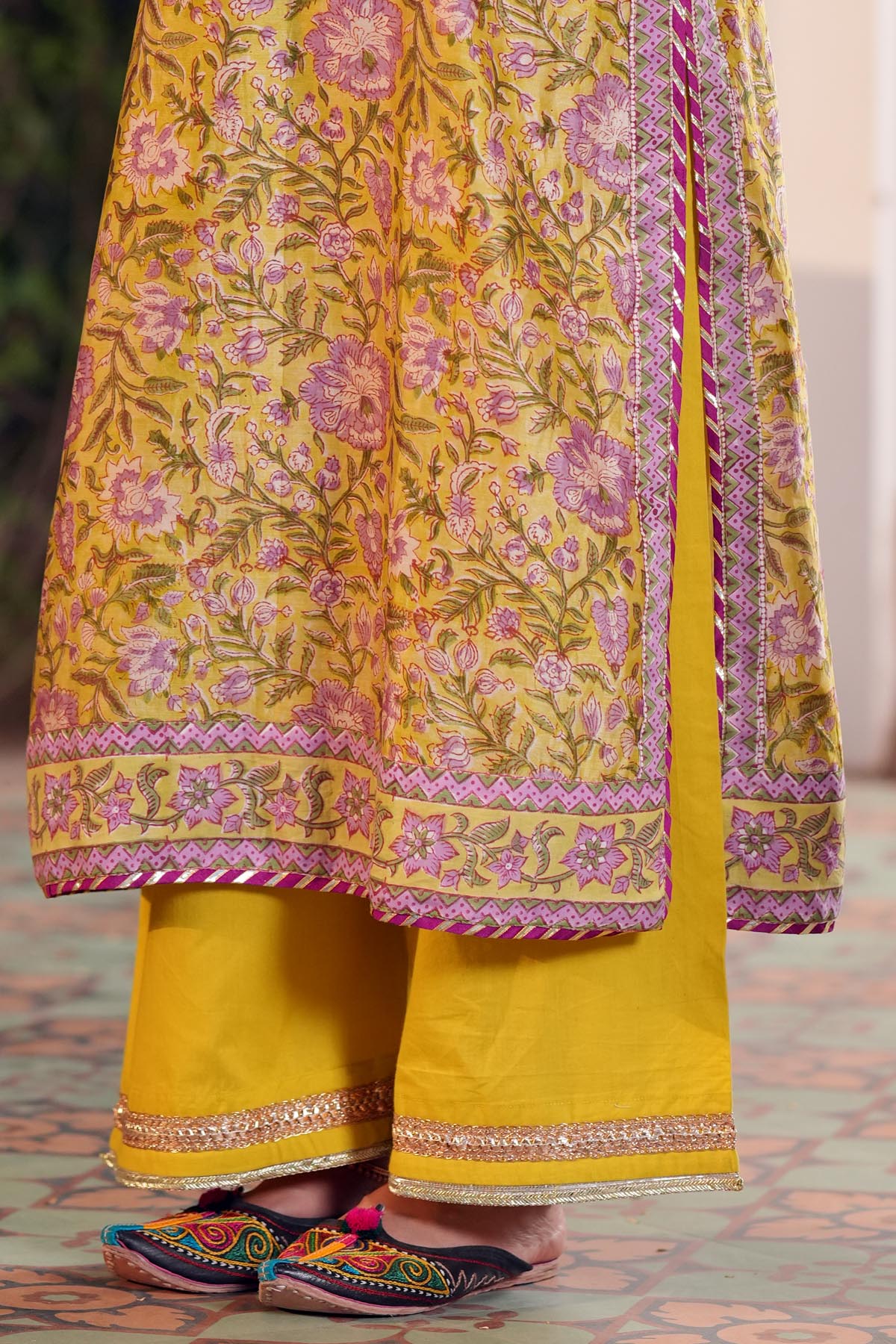 Lime Yellow Embroidered Cotton Pants