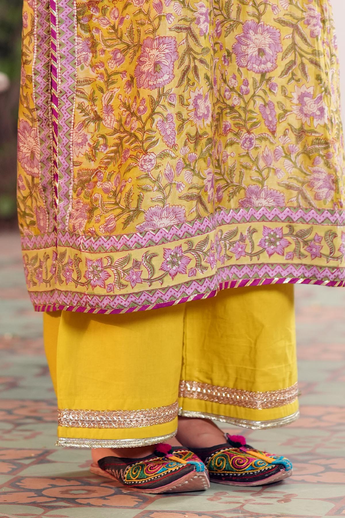 Lime Yellow Embroidered Cotton Pants