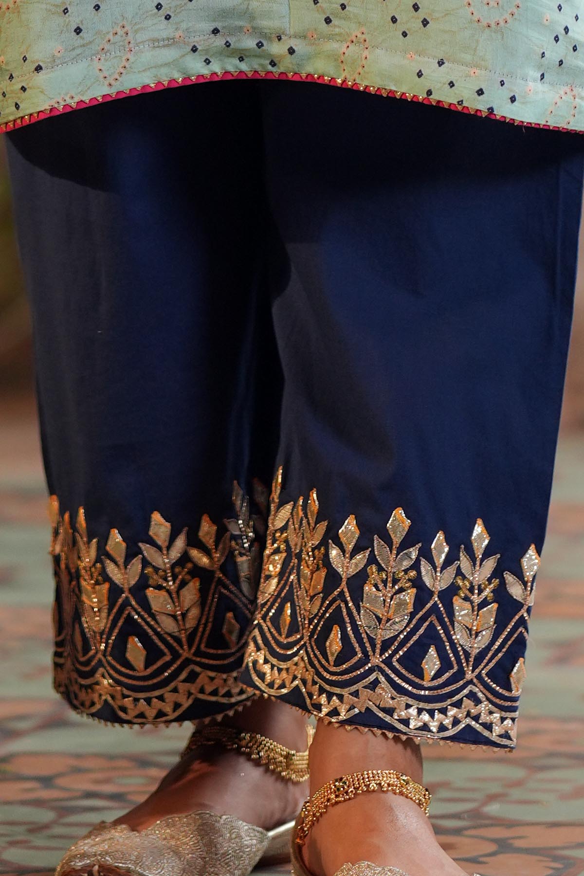 Navy Blue Cotton Embroidered Pants