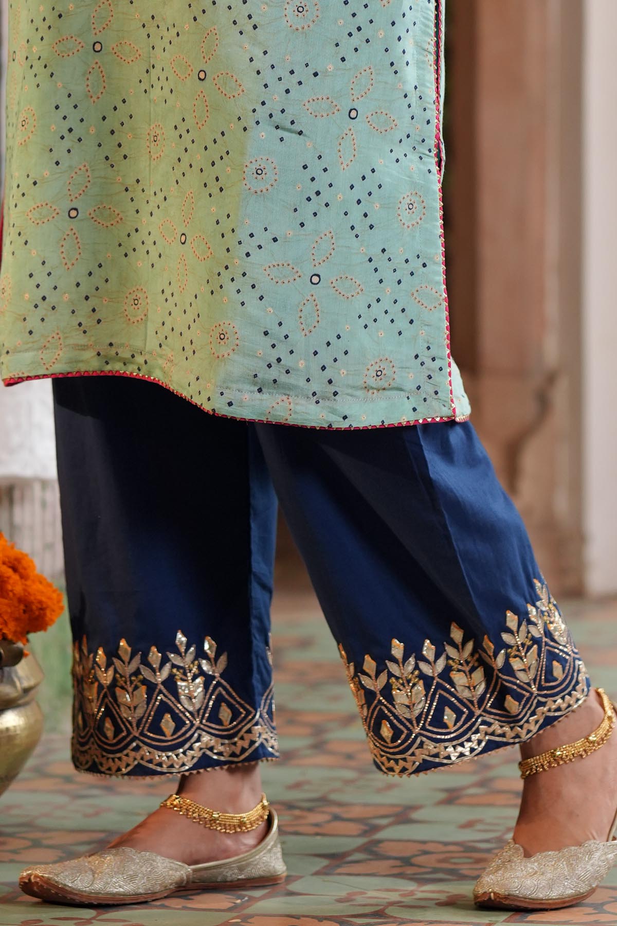 Navy Blue Cotton Embroidered Pants