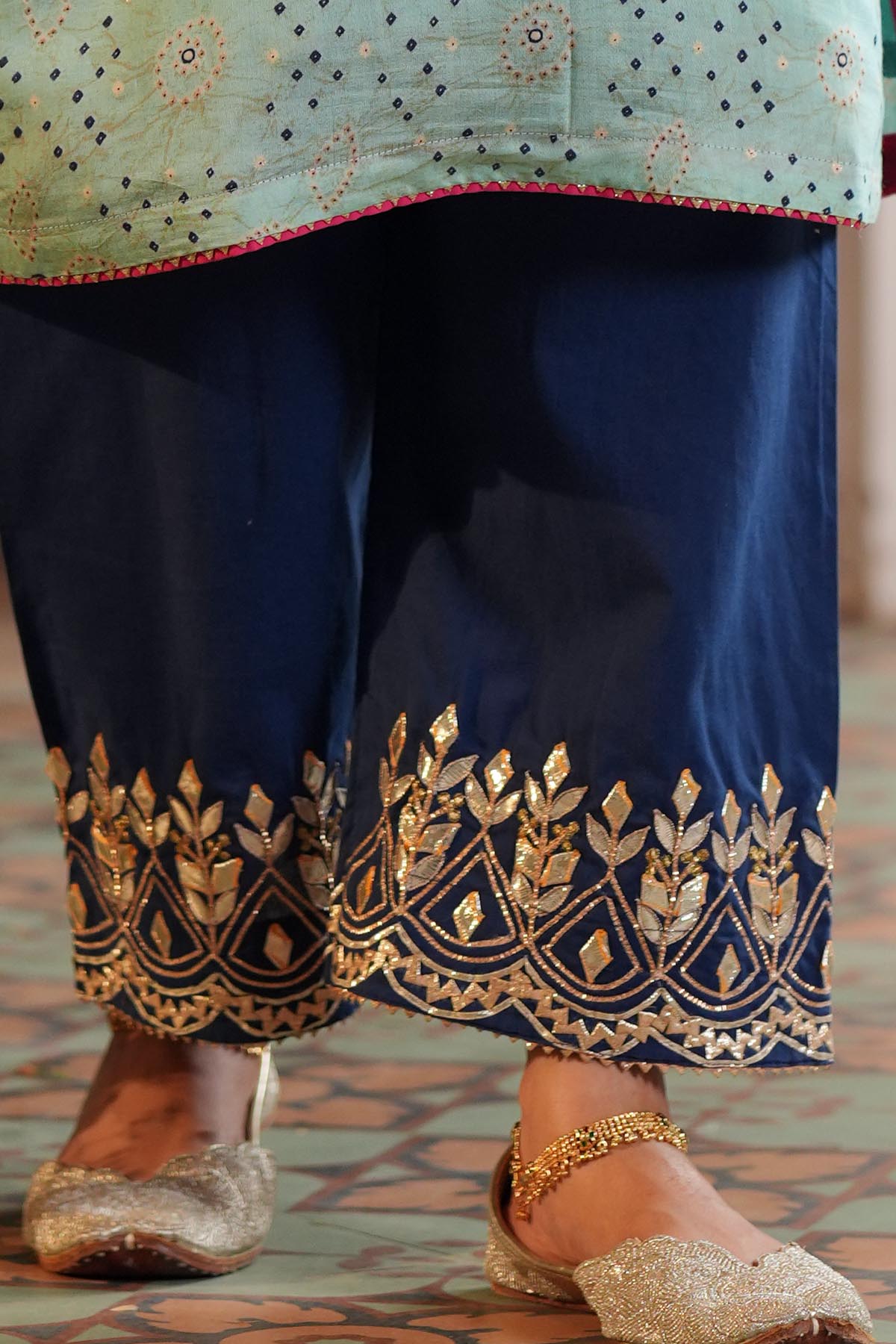 Navy Blue Cotton Embroidered Pants