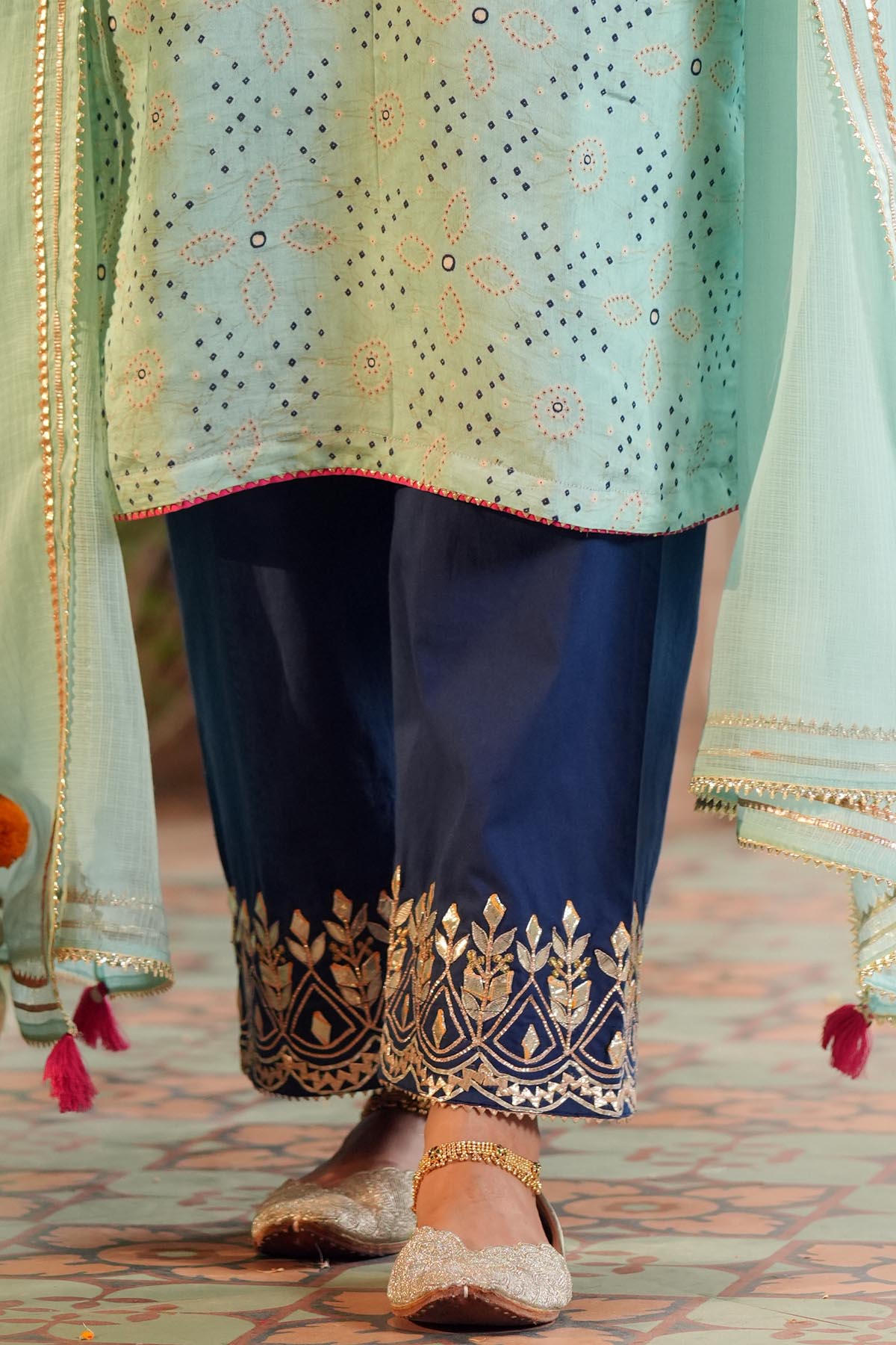 Navy Blue Cotton Embroidered Pants