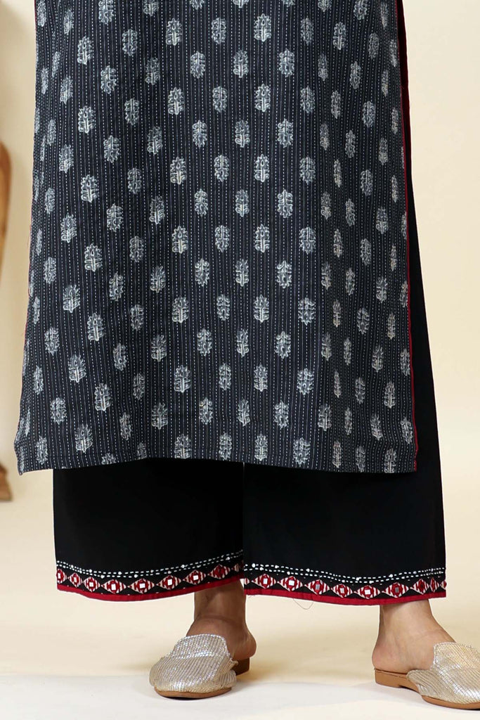 Black Straight Fit Pants With Mirror Embroidery On Flares
