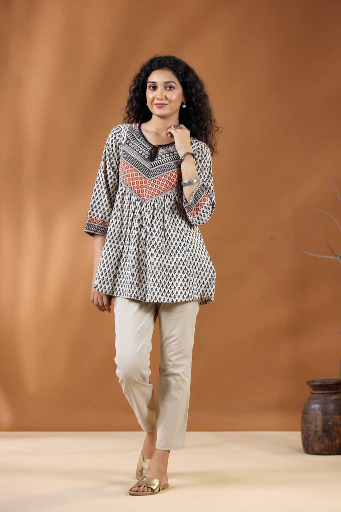 Short Length A-Line Kurti In Beige Bagru Print