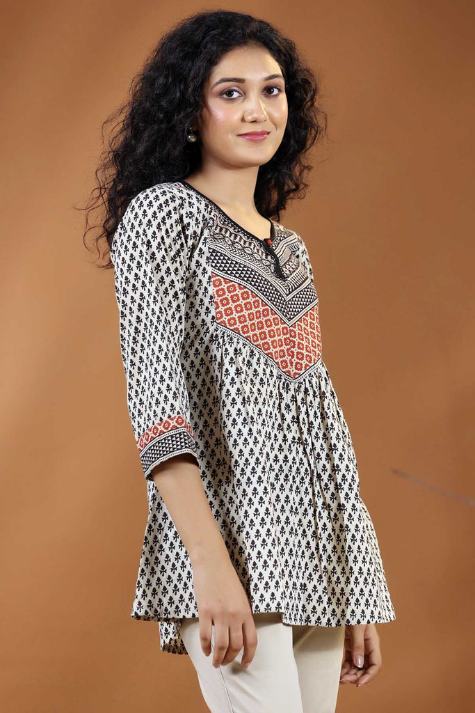 Short Length A-Line Kurti In Beige Bagru Print