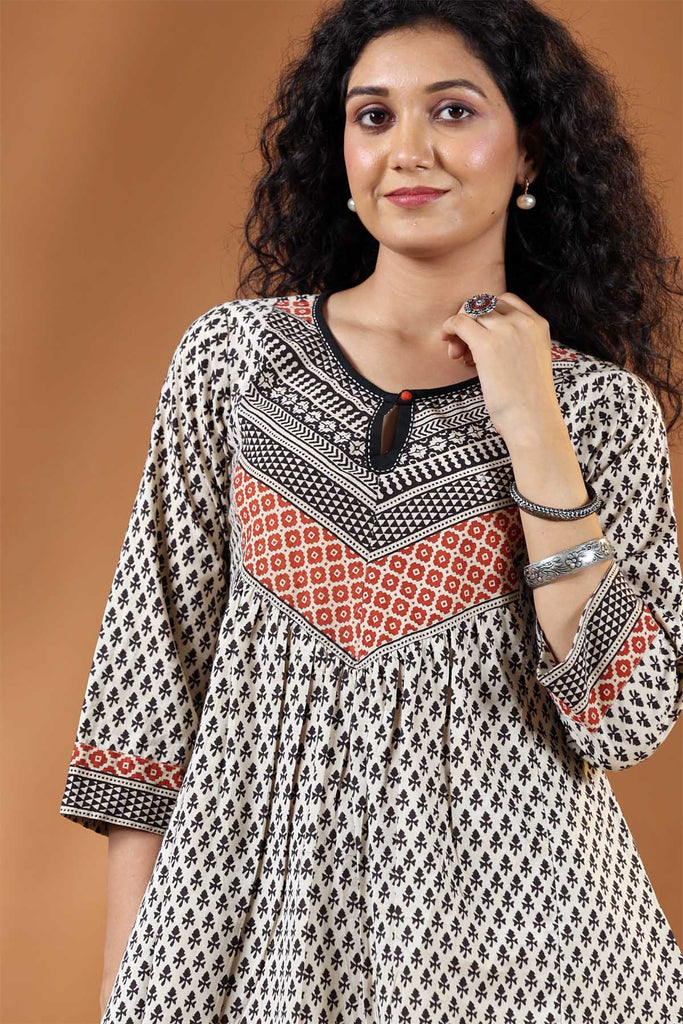 Short Length A-Line Kurti In Beige Bagru Print