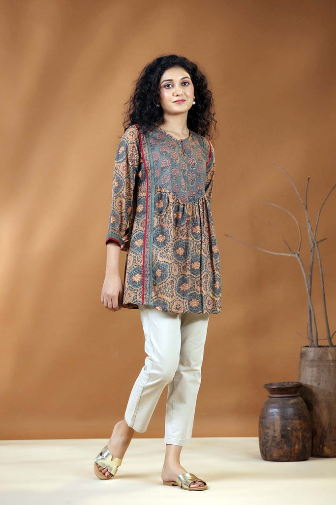 Short Length A-Line Kurti In Brown Color