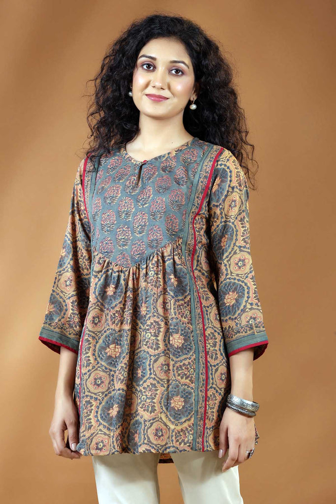 Short Length A-Line Kurti In Brown Color