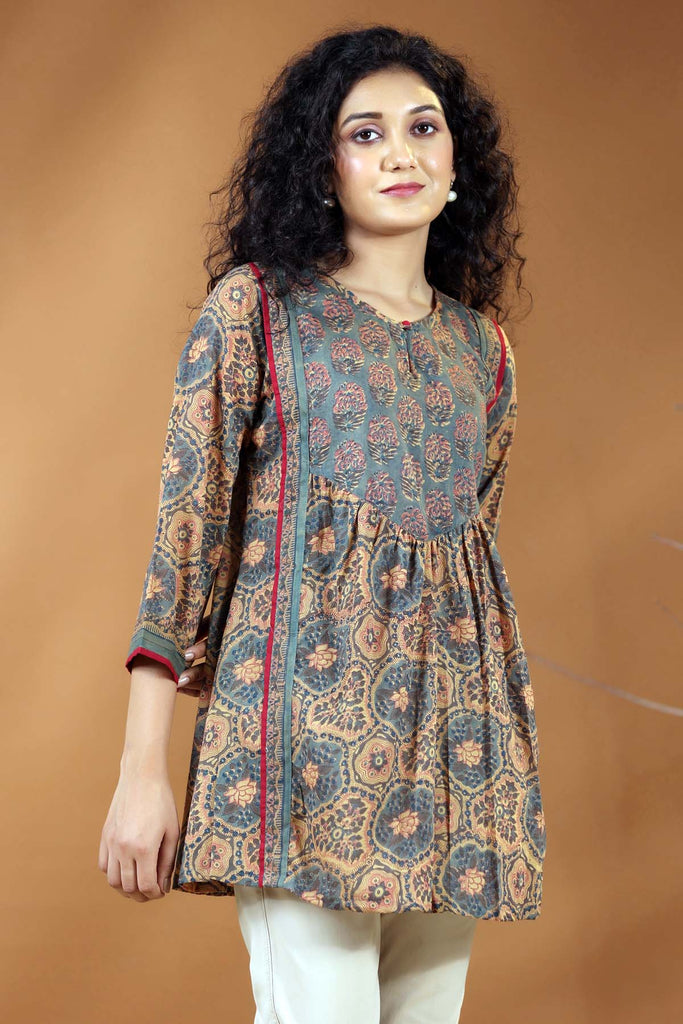 Short Length A-Line Kurti In Brown Color