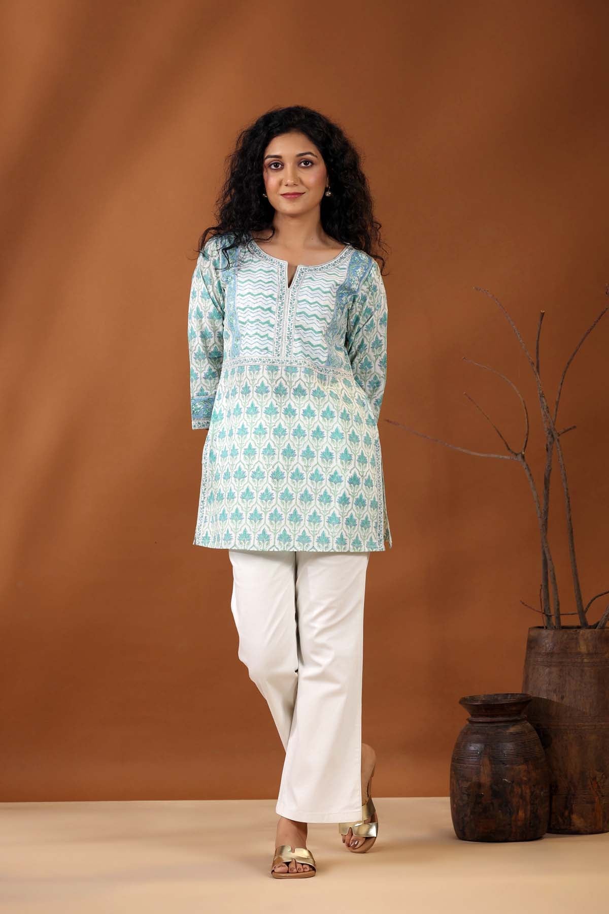 Short Length Kurti In Cream/Astringent Green Handblock Print Cotton