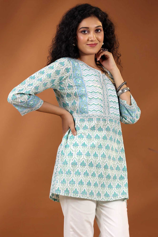 Short Length Kurti In Cream/Astringent Green Handblock Print Cotton