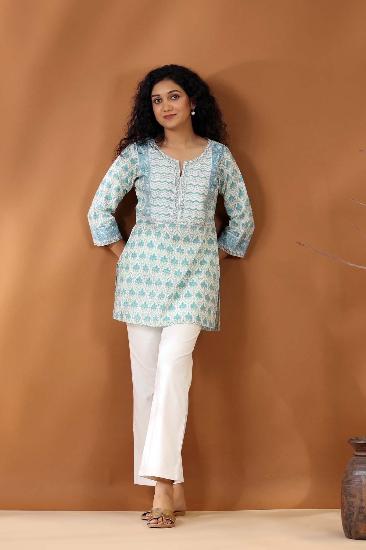 Short Length Kurti In Cream/Astringent Green Handblock Print Cotton