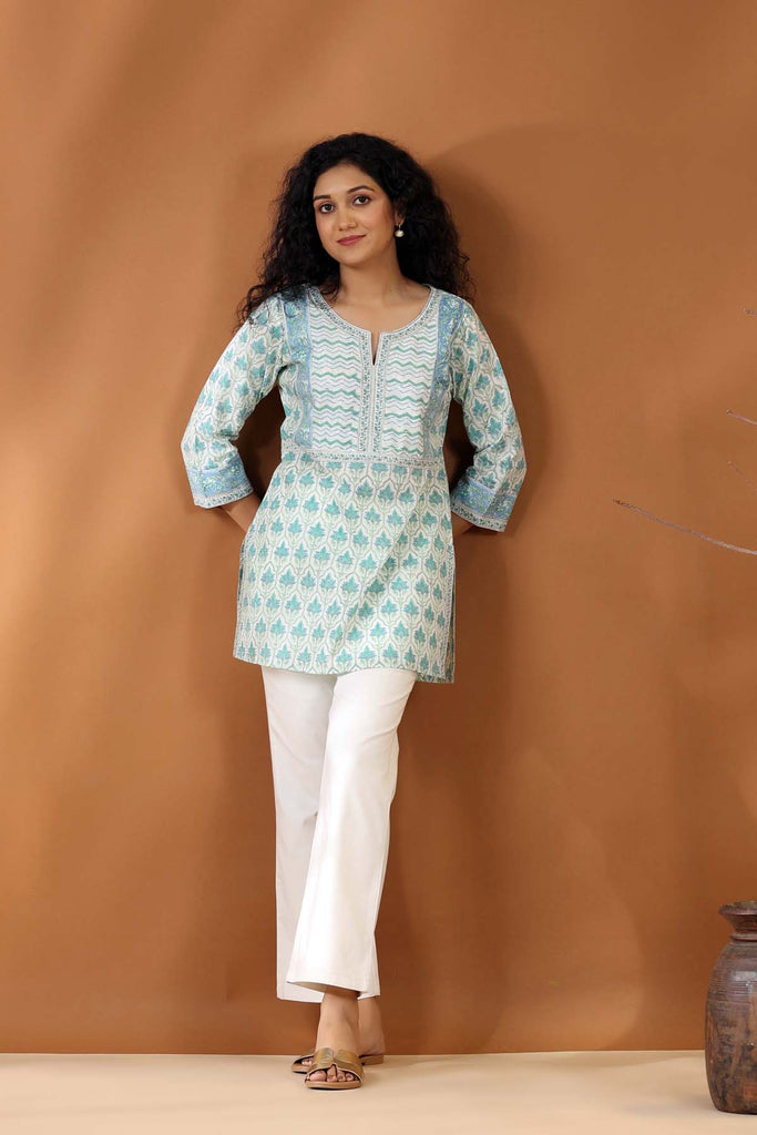Buy Ikat Woven Cotton Chinese Collar Kurta Short for Women Online at  Fabindia | 10736415