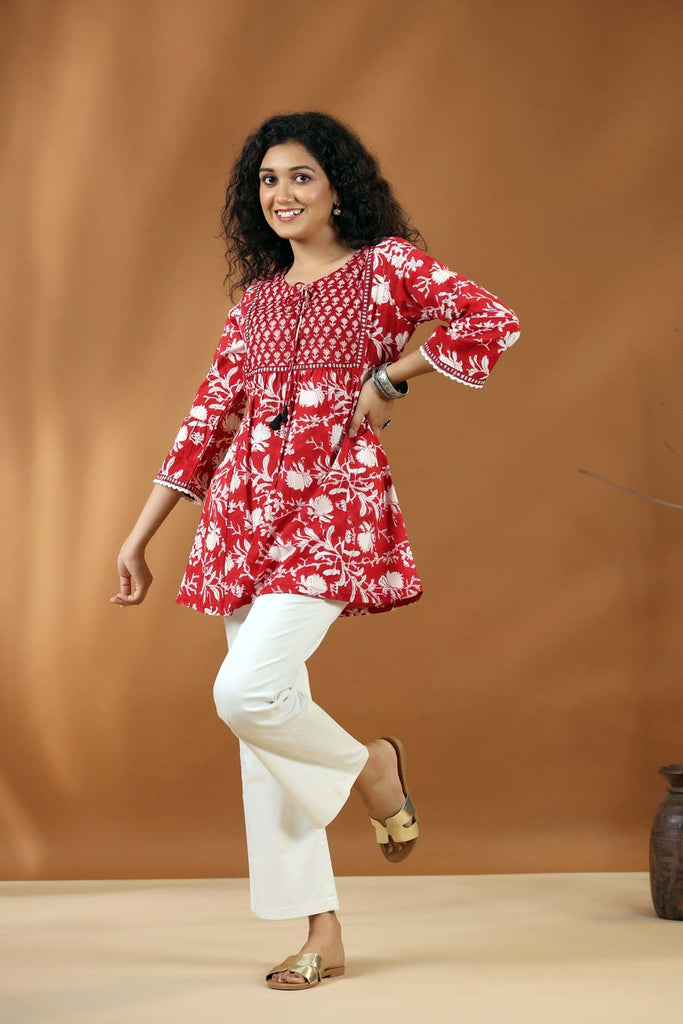Short Length A-Line Kurti In Red Color