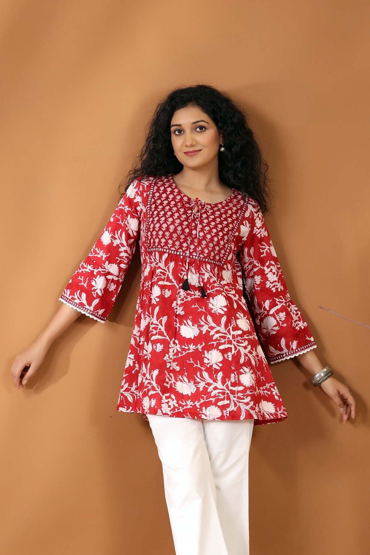 Short Length A-Line Kurti In Red Color