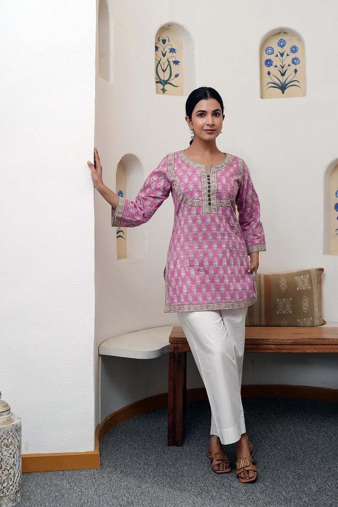 Light Purple Short Length Kurti In Handblock Cotton