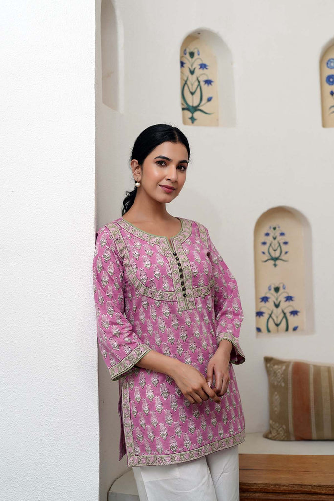 Light Purple Short Length Kurti In Handblock Cotton