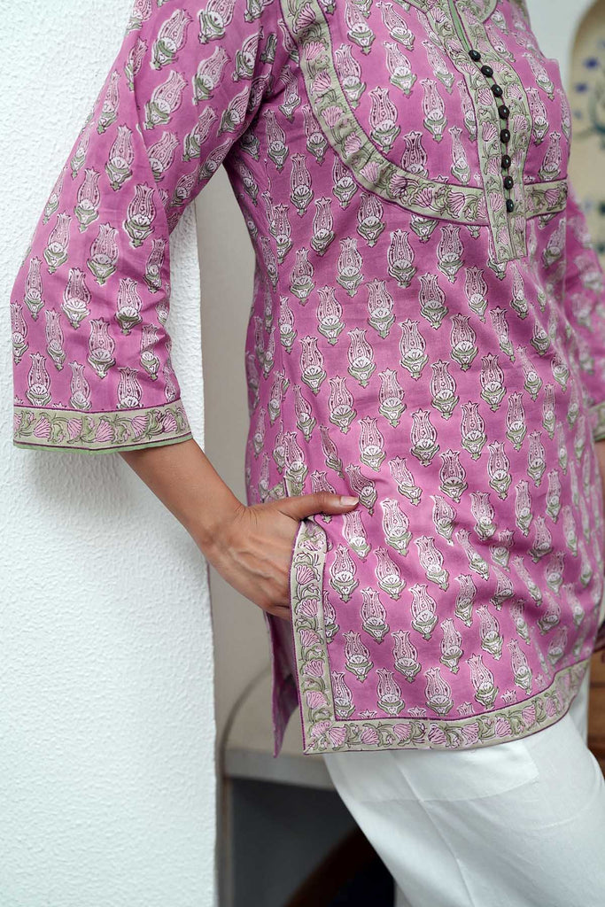 Light Purple Short Length Kurti In Handblock Cotton