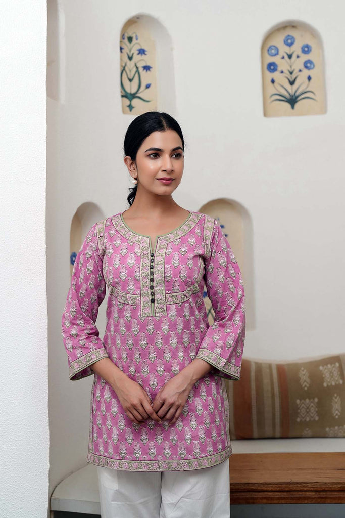 Light Purple Short Length Kurti In Handblock Cotton