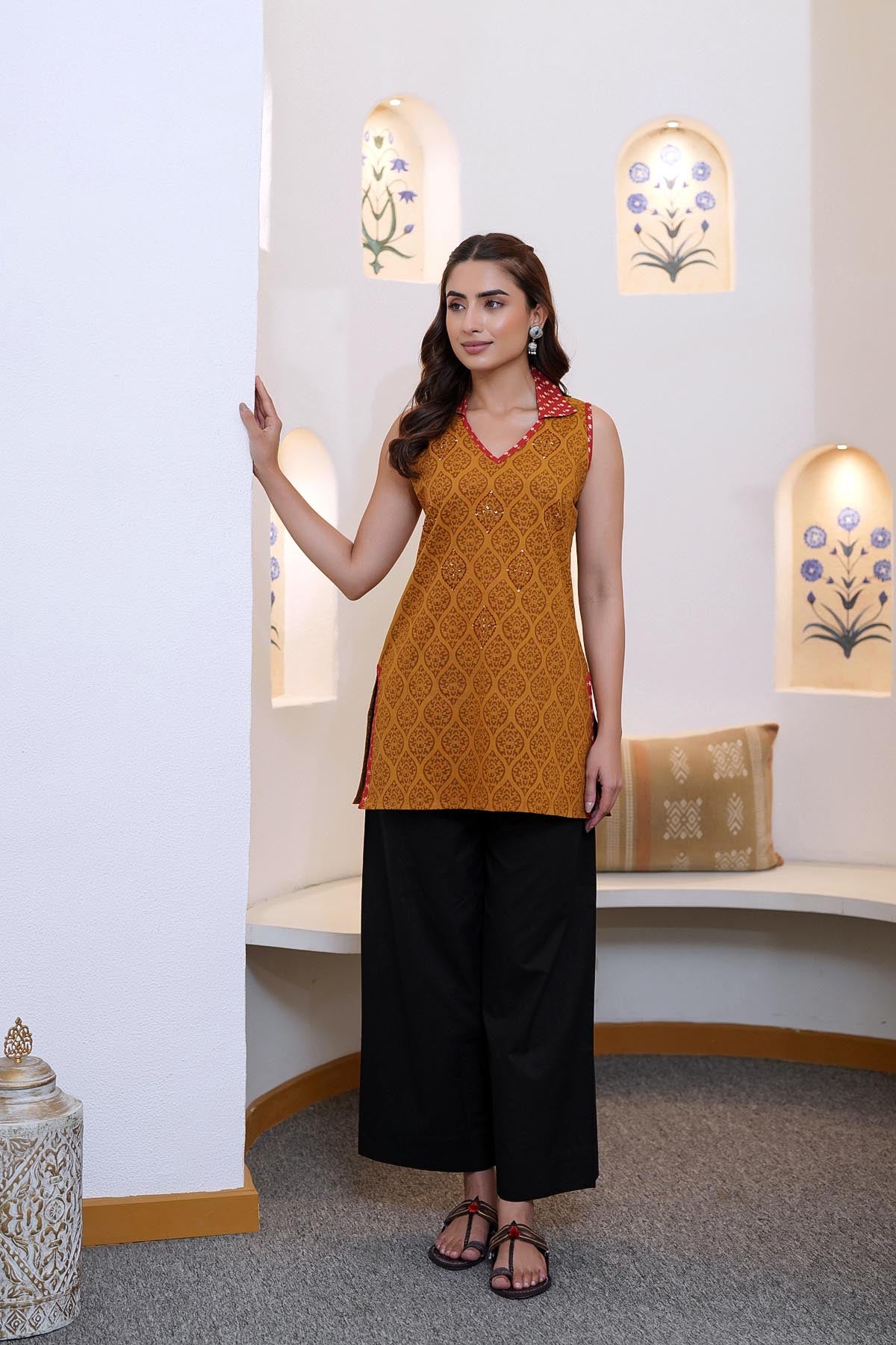 Deep Mustard Sleeveless Short Kurti