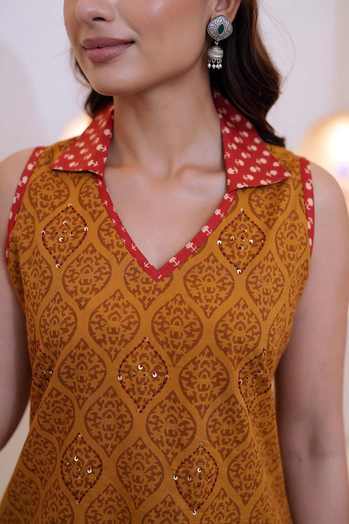 Deep Mustard Sleeveless Short Kurti