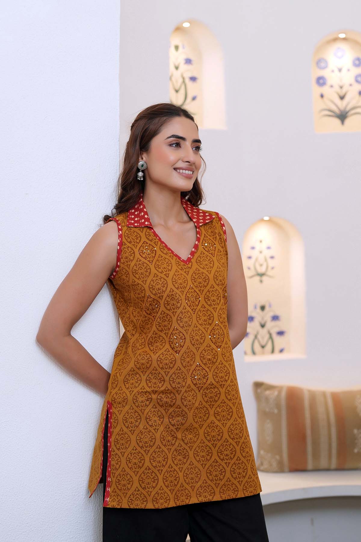 Deep Mustard Sleeveless Short Kurti