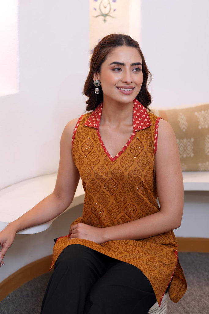 Deep Mustard Sleeveless Short Kurti