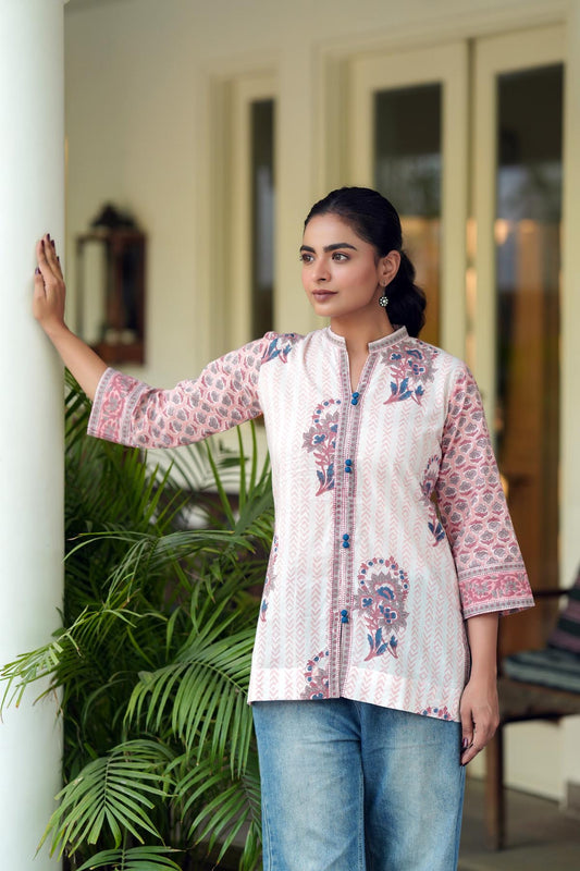 Peach Handblock Cotton Short Kurti