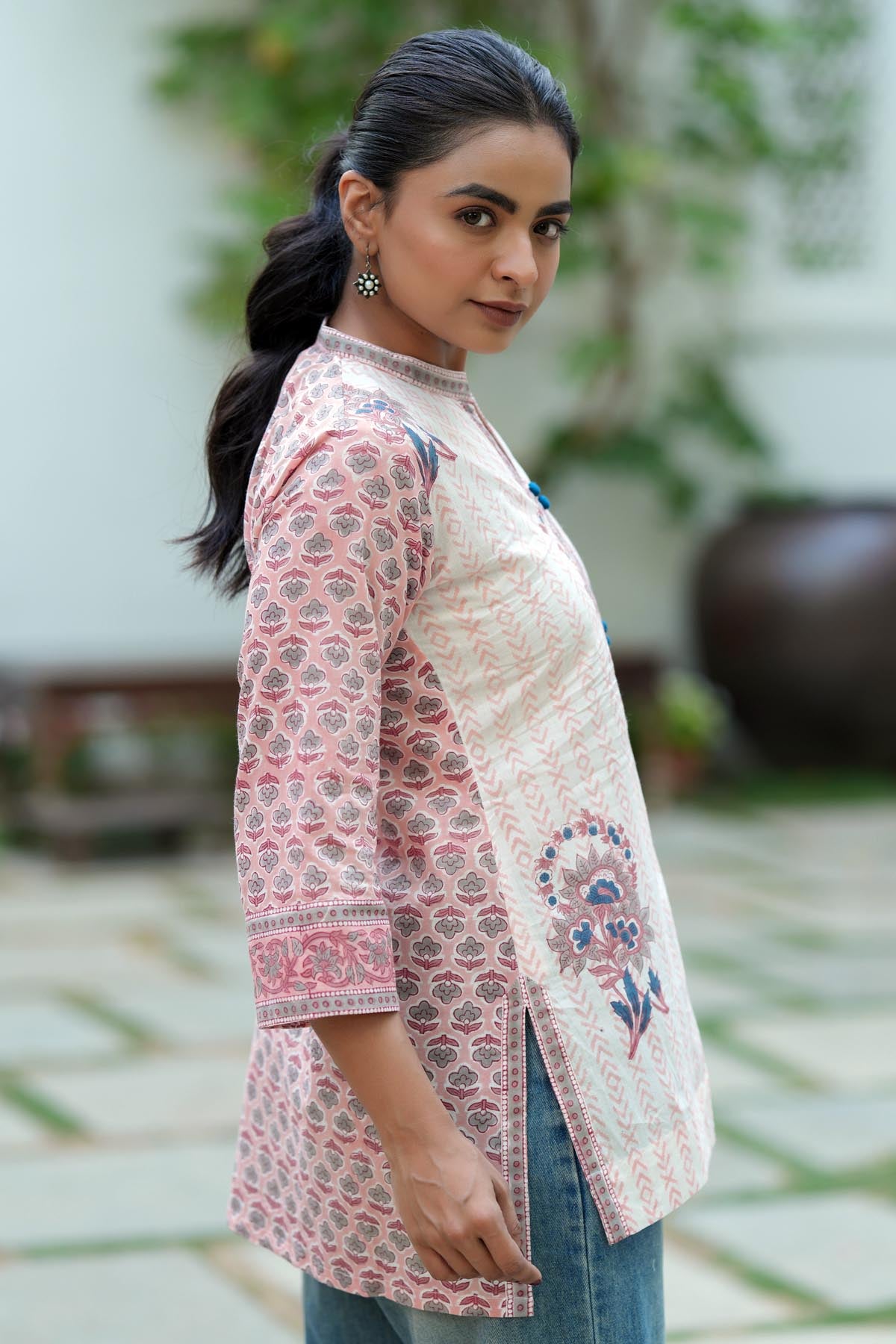 Peach Handblock Cotton Short Kurti