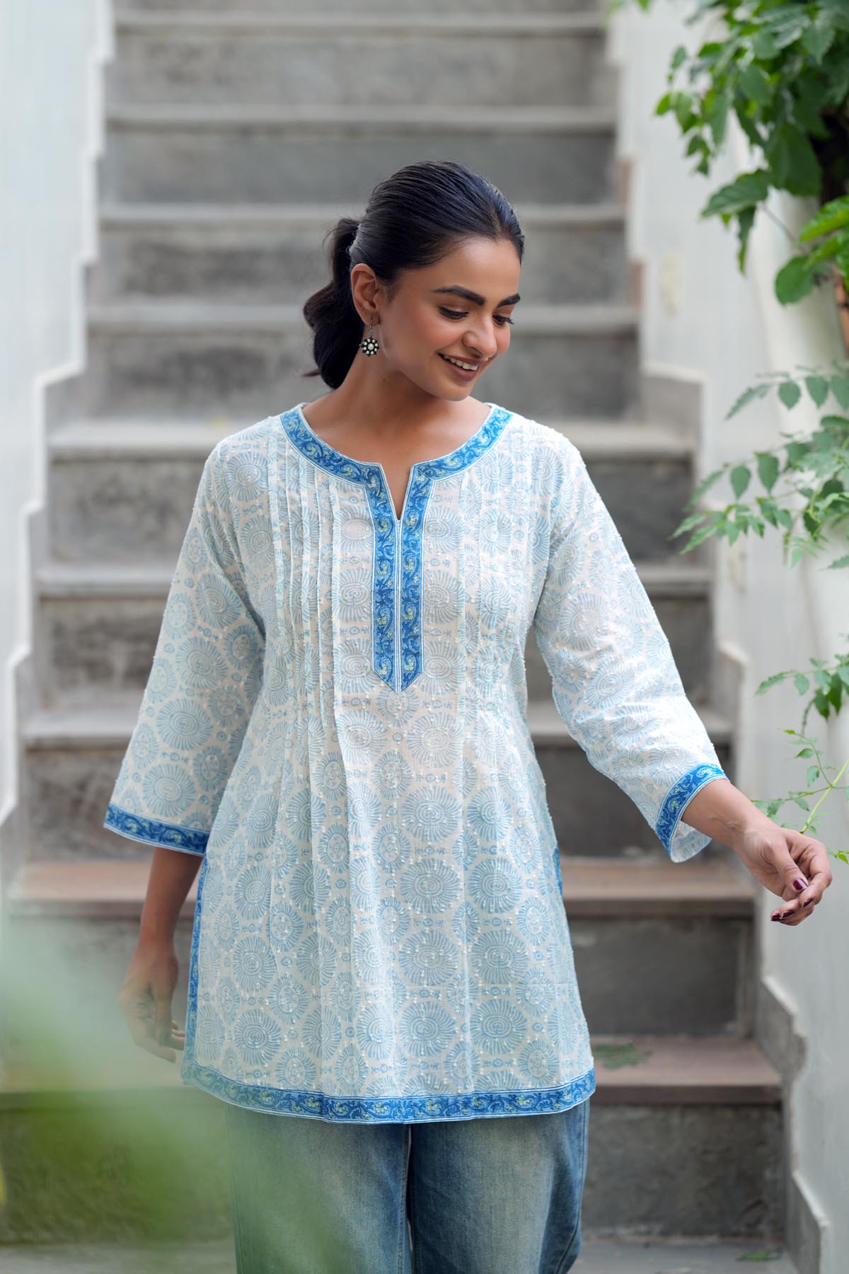 White Handblock Cotton Short Kurti