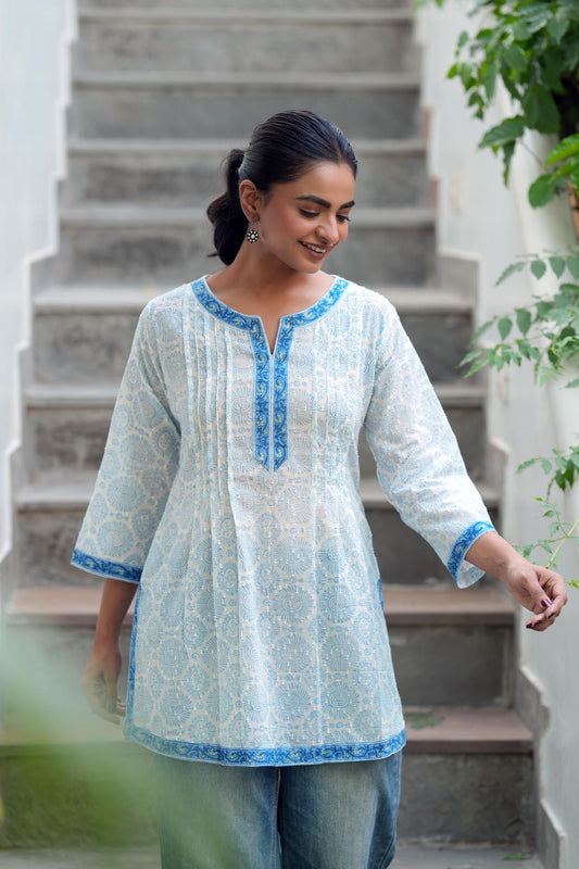 White Handblock Cotton Short Kurti