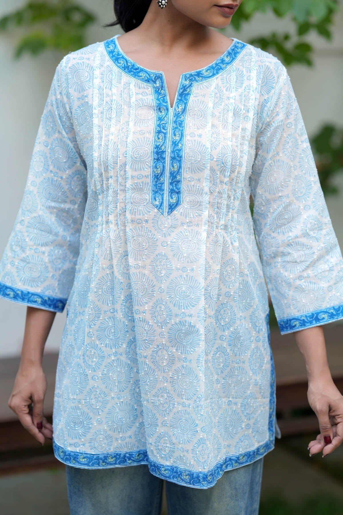 White Handblock Cotton Short Kurti