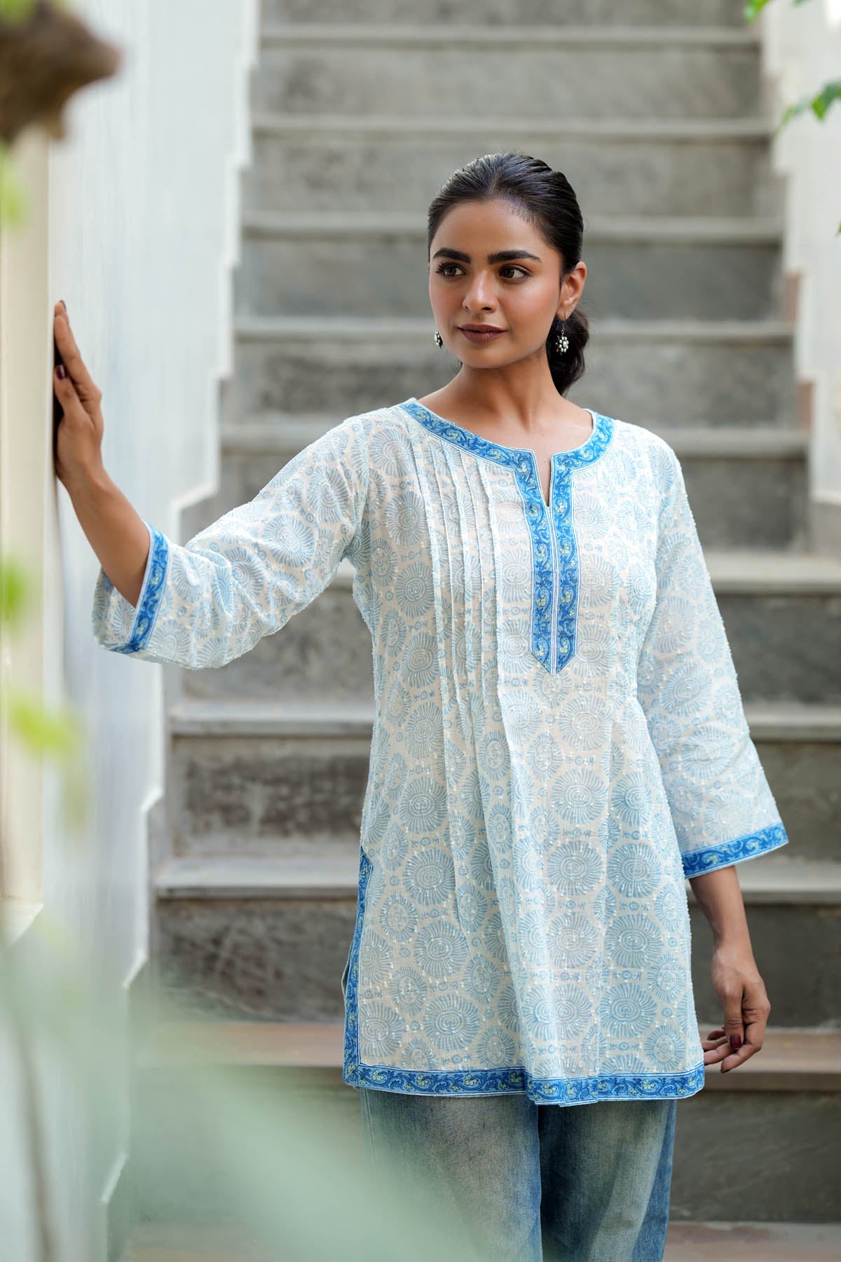 White Handblock Cotton Short Kurti