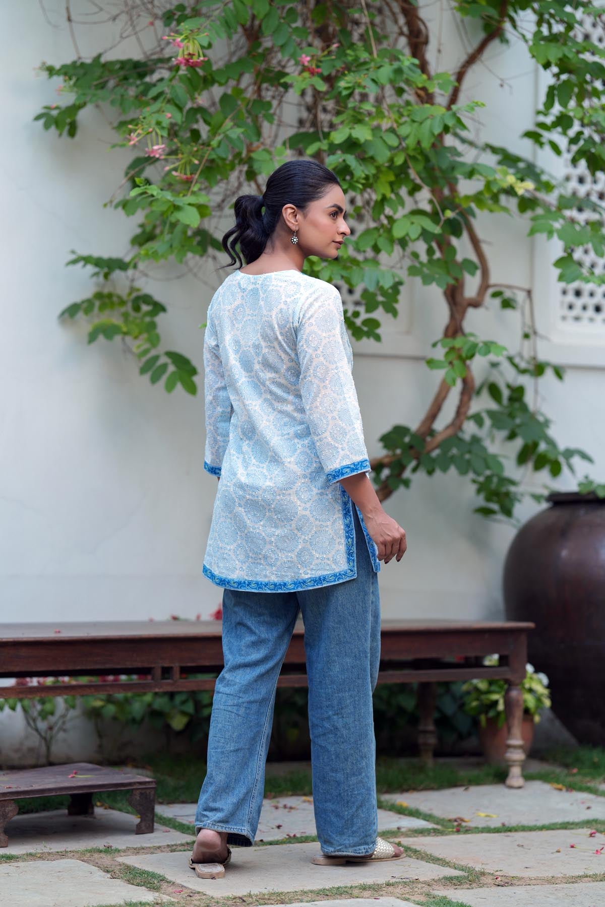 White Handblock Cotton Short Kurti