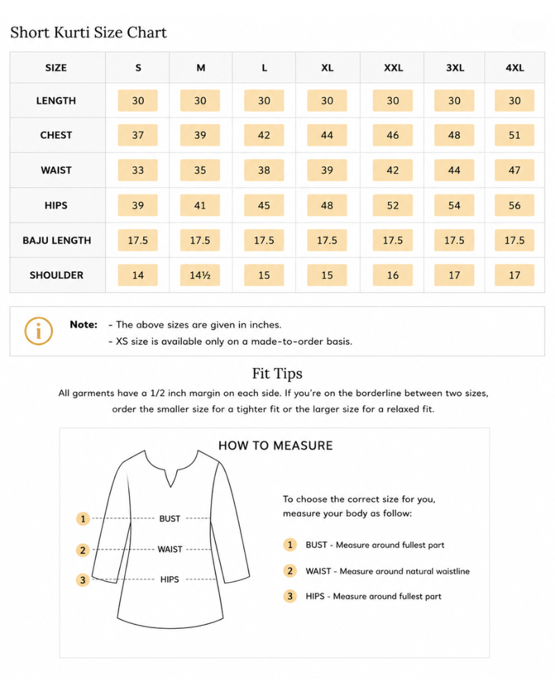 Size Guide for Peach Handblock Cotton Short Kurti