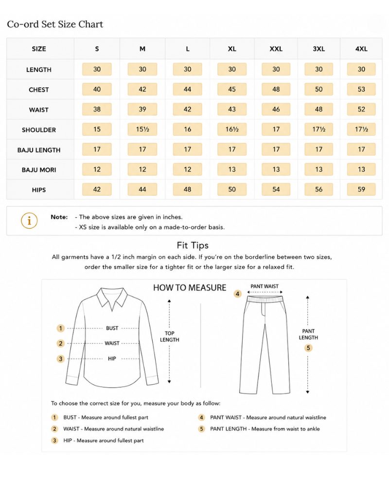 Size Guide for Mint Green Handblock Co-ord Set