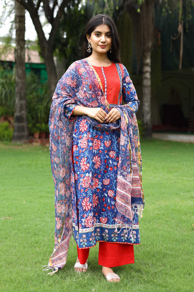 Hand block printed Kotadoriya Dupatta in sky blue color