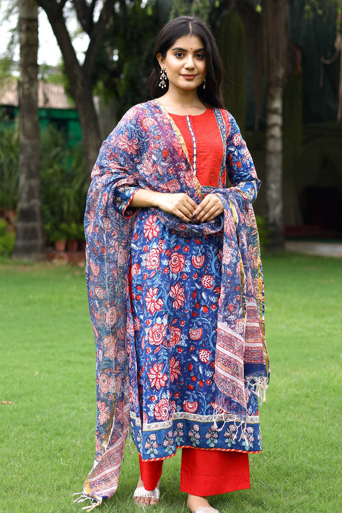 Hand block printed Kotadoriya Dupatta in sky blue color