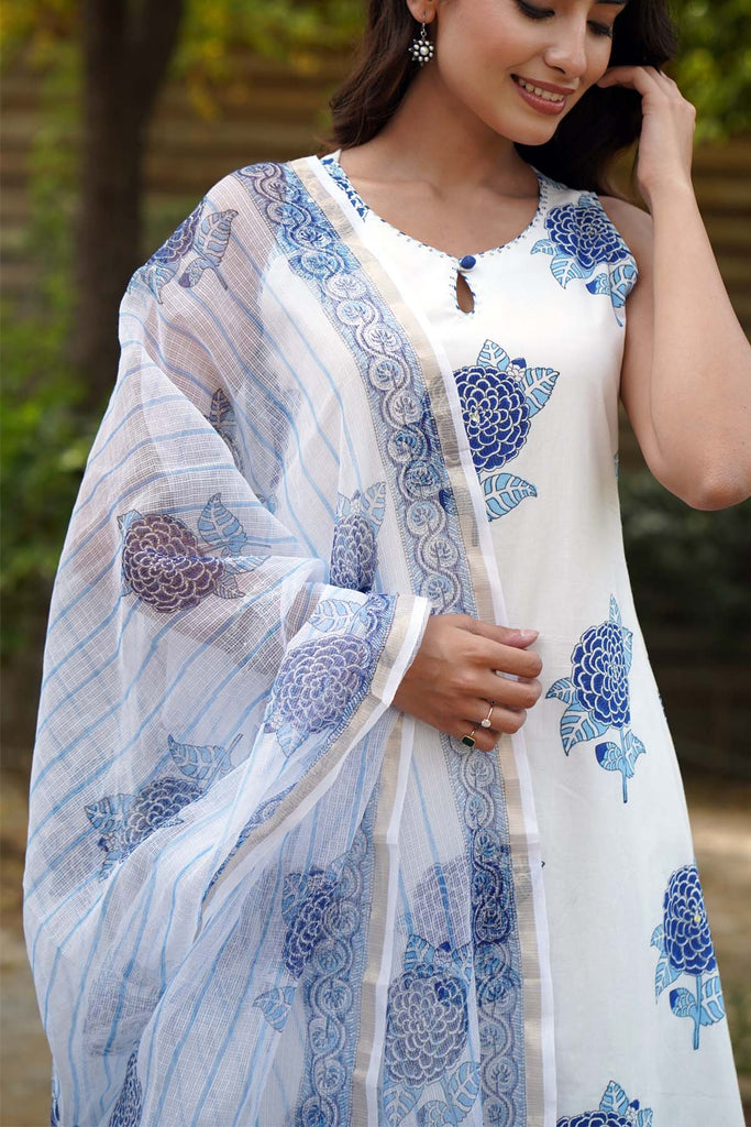 White Hand Block Printed Kotadoriya Dupatta