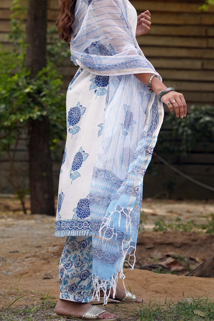 White Hand Block Printed Kotadoriya Dupatta