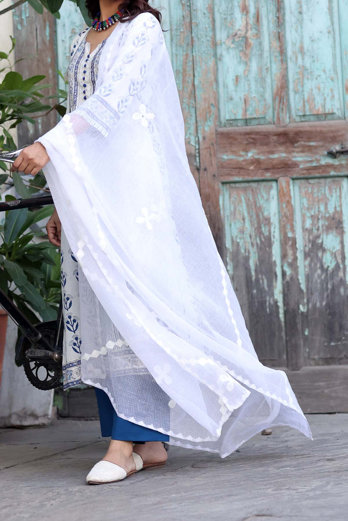 White Dupatta With Applique Work