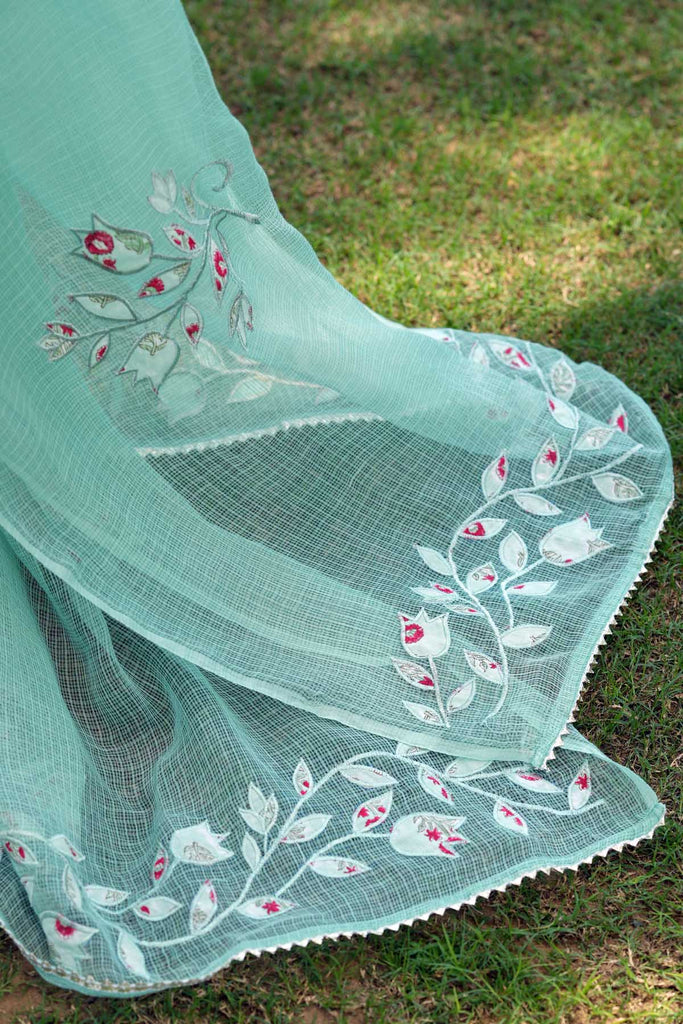 Astringent Green Kotadoriya Dupatta With Applique Work