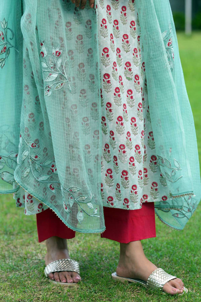 Astringent Green Kotadoriya Dupatta With Applique Work