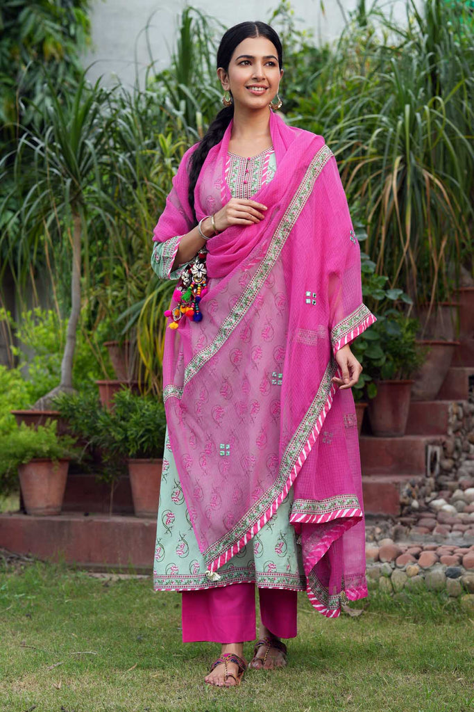 Hot Pink Kotadoriya Dupatta With Fabric Borders